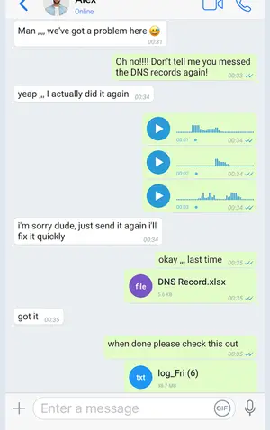 Zangi chat thread with text messages and voice notes