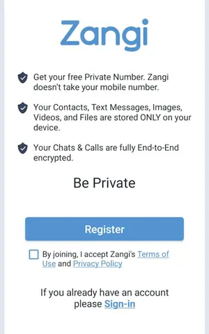 Zangi registration screen showing private number signup